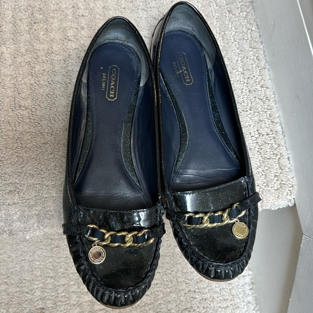 Navy Patent Leather Loafers with Gold Chain